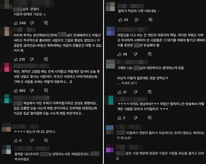 부동산 유튜버들의 영상에 비판하는 내용이 담긴 댓글들이 이어지고 있다. (사진 출처=유튜브)