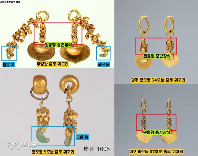 백제 무령왕 귀고리의 가운데 원통형 장식과 굽은 옥을 매다는 디자인은 신라 귀고리를 닮았다.|국립공주박물관 제공