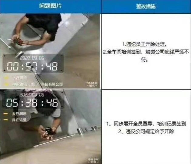 지난 9월 13일 중국 SNS에 올라온 사진. 화장실에서 흡연하는 모습이 찍혔고 옆에는 해고 등 조치 사항이 적혀 있다.