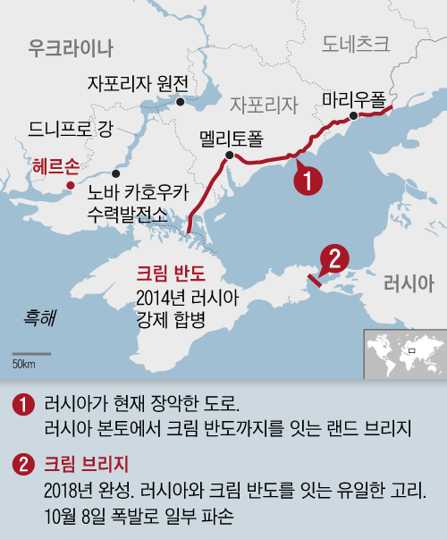 9일 러시아는 TV로 공개된 군 수뇌부 회의에서 크림 반도로 들어가는 관문인 헤르손 주의 주도인 헤르손에서 철수하겠다고 발표했다.