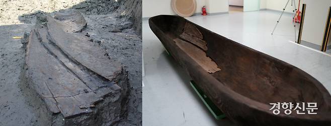 7700년전 신석기인이 타고다녔을 배(선박)가 2005년 여름 경남 창녕 비봉리 유적에서 확인됐다. 전해 태풍 매미로 피해를 당한 양 배수장 확장 공사 도중 우연히 발견됐다. 배는 비봉리 유적의 가장 아래층, 즉 신석기시대 중에서도 조기층(7700년 전)에서 출토됐다. 남아있던 배의 최대길이는 310㎝, 최대폭 62㎝, 두께 2.0~5.0㎝였다. 통나무를 파내 만든 U자형 배였다.|국립김해박물관 제공