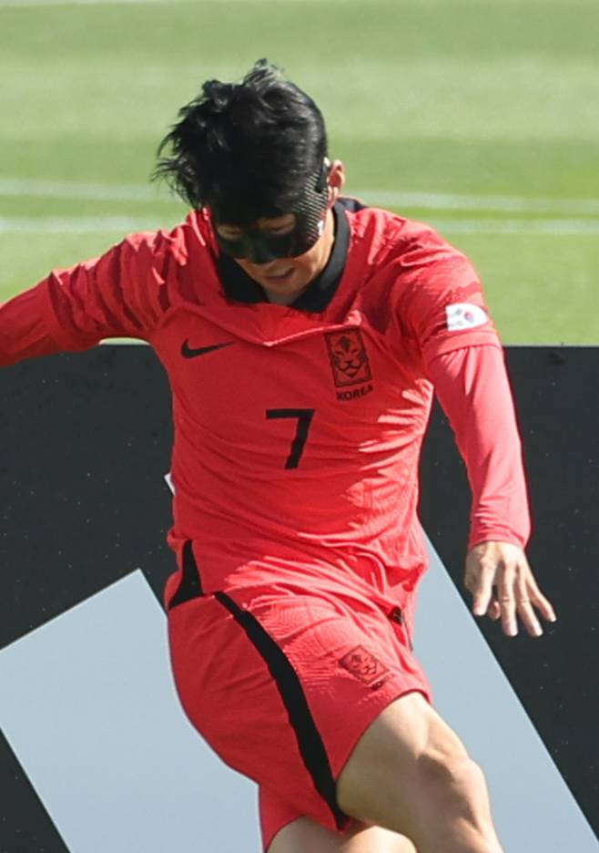 보호 마스크를 쓰고 훈련 중인 손흥민. 연합뉴스