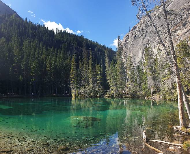 호수 바닥이 모두 보일 정도로 투명한 그라시 레이크