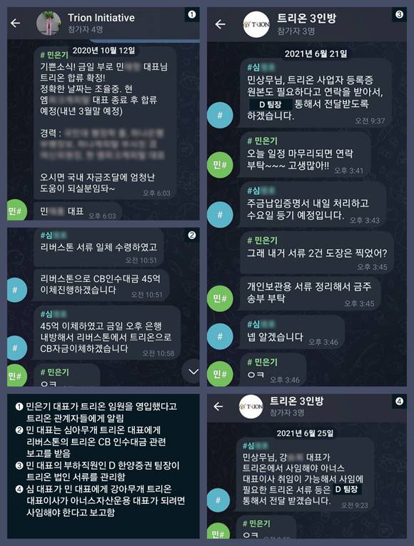민은기 한양증권 S전략CIC 대표는 트리온 임원들과 텔레그램으로 '트리온 3인방'이라는 업무방을 개설했다. 민 대표가 트리온의 실질적인 사주로 아너스자산운용 인수에 직접 관여했다는 것을 확인할 수 있다.