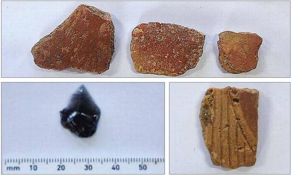 사진 위에서부터 시계 방향으로 부산박물관이 발굴한 붉게 칠한 주칠(朱漆) 토기, 침선(날카로운 도구로 선을 그림)이 보이는 주칠 토기, 흑요석. 부산박물관 제공