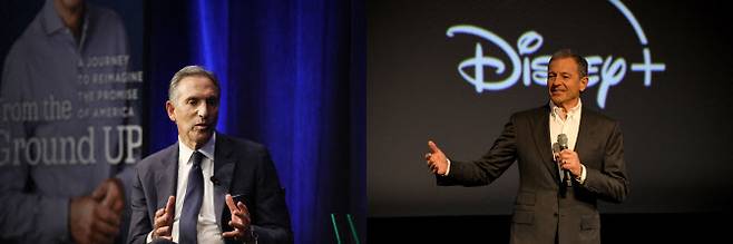 올해 4월 스타벅스 임시 CEO에 복귀한 하워드 슐츠(왼쪽)와 지난 20일 디즈니 CEO로 재임명된 밥 아이거. (사진= AFP)