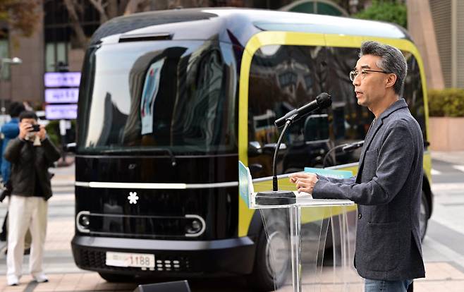 송창현 현대차 사장 겸 포티투닷 대표가 축사를 하고 있다.