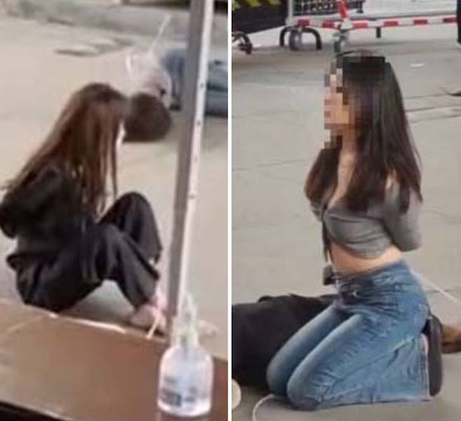 중국 광저우에서 마스크를 쓰지 않은 채 주문한 음식을 받으려던 20대 여성 2명이 17일 방역 요원들에 적발돼 손발이 묶이고 무릎을 꿇은 영상이 인터넷에 퍼져 논란이 됐다. /ⓒ웨이보 캡처