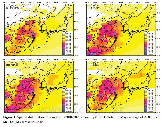지난해 건국대 기후연구소가 테라 MODIS 영상을 기반으로 동아시아 지역 초미세먼지 주요 발생지를 확인한 자료. 봄철인 3, 4월에 중국 서부에서 초미세먼지가 상당량 발생하는 것을 볼 수 있다.