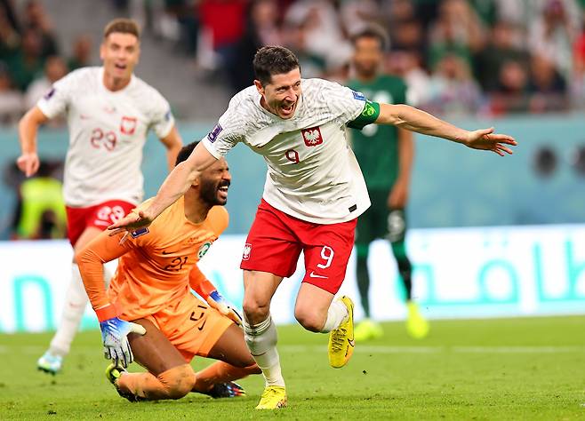 '드디어 첫골이다.' 폴란드의 레반도프스키9번)가 자신의 월드컵 첫 득점을 올린 뒤 환호하고 있다./신화