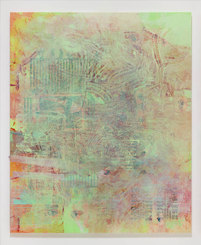 MANDY EL-SAYEGH, White Ground (Border-Wall), 2022, oil on silk screened canvas with collaged elements258 x 213 cm [사진=리만머핀 서울]