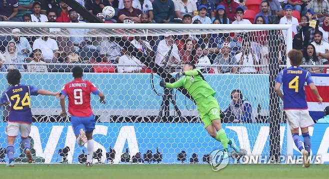 일본 골망으로 향하는 케이셰르 풀레르의 슛 (알라이얀=연합뉴스) 김도훈 기자 = 27일(현지시간) 카타르 알라이얀 아흐마드 빈 알리 스타디움에서 열린 2022 카타르 월드컵 조별리그 E조 일본과 코스타리카의 경기. 코스타리카 케이셰르 풀레르의 슛이 일본 골망으로 향하고 있다. 2022.11.27 superdoo82@yna.co.kr