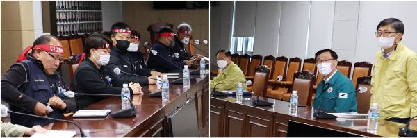 28일 오후 세종시 정부세종청사 국토교통부에서 민주노총 공공운수노조 화물연대본부(이하 화물연대) 관계자들과 총파업 이후 첫 교섭을 시작하고 있다. 연합뉴스