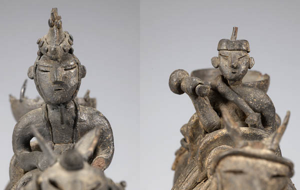 1500년 전 신라 어린 왕자의 무덤으로 추정되는 금령총에서 출토된 ‘말탄 인물상(기마인물형 도기)’. 그중 주인상의 얼굴(왼쪽)은 오뚝한 콧날에 뾰족한 턱이 인상적이며, 살짝 감은 듯한 두 눈 등이 사실적인 조각상이다. 이 인물상의 모델이 바로 무덤의 주인공인 어린 왕자일 수도 있다는 견해가 있다. 하인상의 인물(오른쪽)은 주인을 저승세계로 안내하는 역할을 하고 있는 듯하다. 그러나 손에 제사의식에 쓰이는 방울을 들고 있다는 점에서 장례의식을 주관하는 제사장이라는 설도 있다. / 국립경주박물관 제공