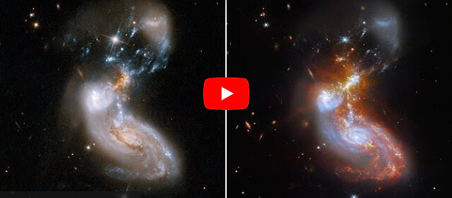 합병 중인 두 은하 II ZW 96을 촬영한 허블우주망원경(왼쪽)과 제임스웹우주망원경의 사진. 출처=유럽우주청(ESA)