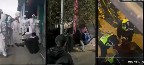 중국에서 벌어진 코로나19 방역 항의 시위와 단속 현장. 흰색 옷을 입은 방역요원이 한 시민에게 발길질을 하고 있다(왼쪽). 시위자들이 핵산검사소를 쓰러뜨리고 있다(가운데). 경찰이 영국 BBC 기자로 추정되는 외국인을 체포하고 있다(오른쪽). 사진=트위터 캡처.