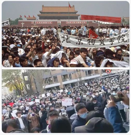 33년 전인 1989년 톈안먼 광장(위)과 2022년 백지 시위 사진. 트위터 캡처