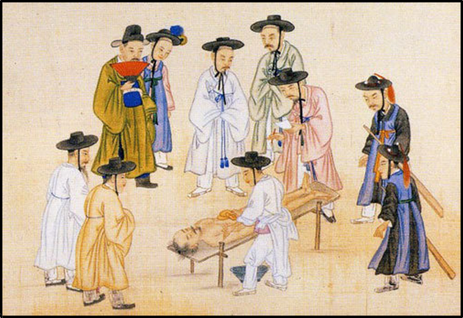 조선시대 한성부(漢城府)에서 변사체를 검안 중인 검시관(檢屍官)들.