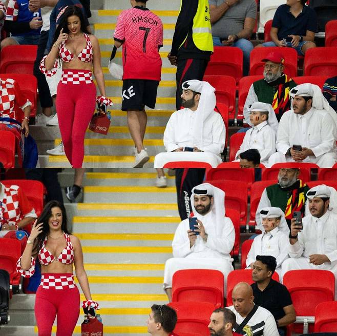 이후 한 트위터 계정에는 “남자는 남자다”라는 짧은 글과 함께 카타르 남성 관중 2명이 통로 계단을 내려가고 있는 놀을 보고 휴대전화를 꺼내 촬영하는 모습이 사진 2장으로 공개됐다. / 사진=트롤 풋볼 트위터