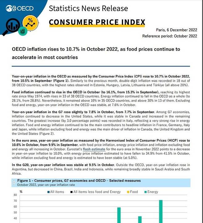 [서울=뉴시스]경제협력개발기구(OECD)의 10월 소비자물가지수(CPI)는 지난해 같은 달에 비해 10.7% 상승, 9월의 10.5%보다 상승폭이 소폭 커졌다. <사진 출처 : OECD 보도자료> 2022.12.6