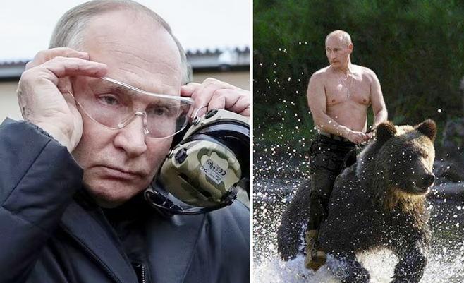 푸틴 러시아 대통령은 지난 10월 세르게이 쇼이구 국방장관과 함께 모스크바 남동쪽의 라잔 지역의 한 예비군 훈련소를 방문했다.(왼쪽). 평상시 리더십을 강조하고자 할 때 마초 또는 상남자 이미지를 이용해 온 푸틴 대통령(오른쪽)