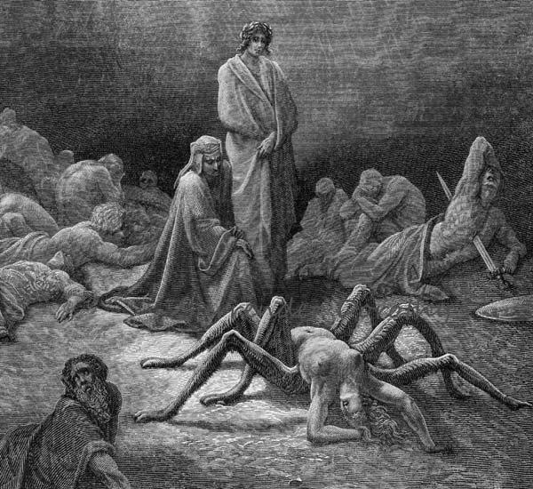 단테의 '신곡'에 실린 구스타브 도레의 삽화(1861년 간행). 단테가 베르길리우스의 인도를 받아 연옥에 가서 교만한 죄로 연옥에 있는 아라크네를 목격한다. 위키피디아