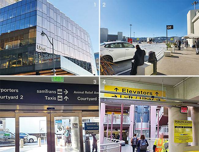 1 미국 샌프란시스코의 우버 본사. 2 12월 2일(현지시각) 미국 캘리포니아주 샌프란시스코 국제공항,주요 시설과 동떨어진 외부 주차장에 우버, 리프트 등 차량공유 서비스 승객 탑승 장소가 있다.3, 4 미국 캘리포니아주 샌프란시스코 국제공항 안내 표시엔 우버나 리프트 탑승 장소가 나와 있지 않다(위).반면 미국 네바다주 라스베이거스 국제공항의 경우 명확히 표기돼 있다. 사진 샌프란시스코·라스베이거스(미국)=이소연 기자
