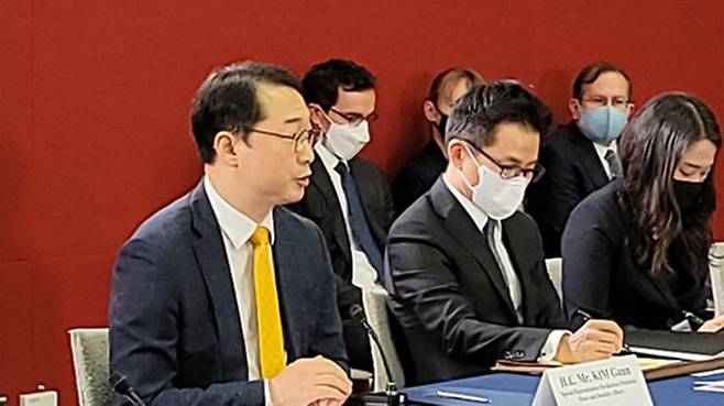 지난 13일 인도네시아 자카르타에서 열린 한미일 3국 북핵 수석대표 협의에서 발언하는 김건 한반도평화교섭본부장 (사진=연합뉴스)