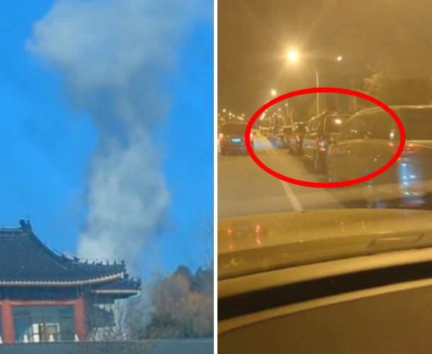 왼쪽은 베이징 외곽에 있는 화장터에서 화장되는 시신들로 연기가 솟아오르는 모습, 오른쪽은 ‘베이징의 한 화장장에 들어가기 위해 길게 늘어선 차량들’이라는 제목으로 트위터에 공개된 영상 캡처