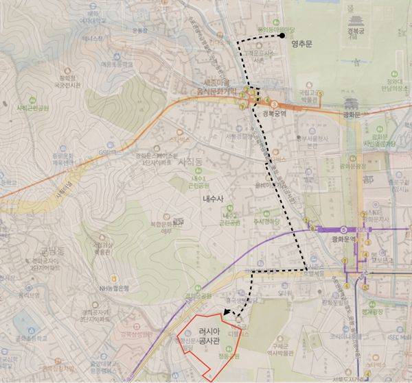아관파천 경로 추정 경로 (네이버 지도에 1910년도 1:10,000축척지도를 중첩하여 당시 도로 상황을 추정, 필자)