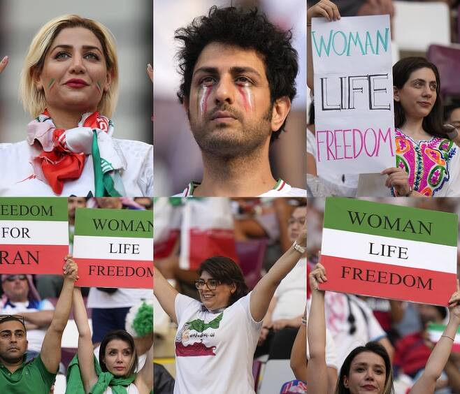 이란 축구팬들이 카타르월드컵 조별리그 경기에서 국민 인권을 탄압하는 정부에 항의하는 뜻을 다양한 방식으로 표현하고 있다. | 외신종합
