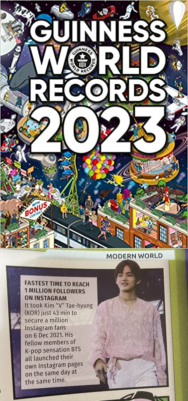 방탄소년단 뷔, 2023 기네스북 올랐다..全세계 1위 기록은?
