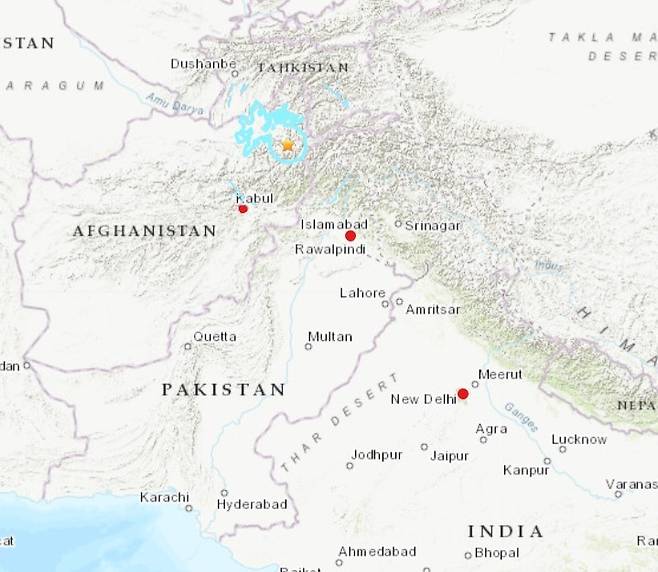 독일 지구과학연구센터(GFZ)에 따르면 5일(현지시간) 아프가니스탄 힌두쿠시 산맥 인근에서 규모 5.8 지진이 발생했다. (미국 지질조사국 화면 갈무리) 2023.01.05
