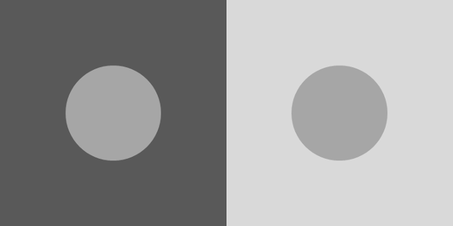 '홍운탁월' 효과를 보여주는 동시밝기대비 착시. 두 원의 밝기는 같지만 주변이 어두운 왼쪽이 더 밝아 보인다.