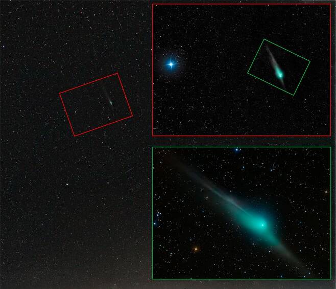 맨눈, 쌍안경, 망원경으로 본 츠비키 혜성의 세 모습. 사진=Javier Caldera & Miguel Gracia