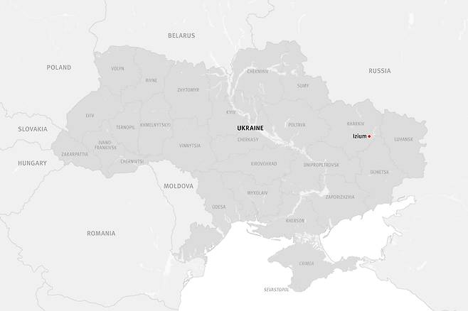 우크라이나 동북부 하르키우주의 이지움 지역을 나타낸 지도. / 사진=HRW