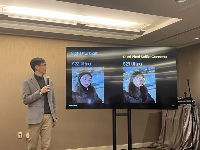 2일(현지 시간) 미국 샌프란시스코 니코 호텔에서 조성대 삼성전자 비주얼 솔루션 팀장(부사장)이 셀피 기능에 대해 소개하고 있다. /실리콘밸리=정혜진 특파원
