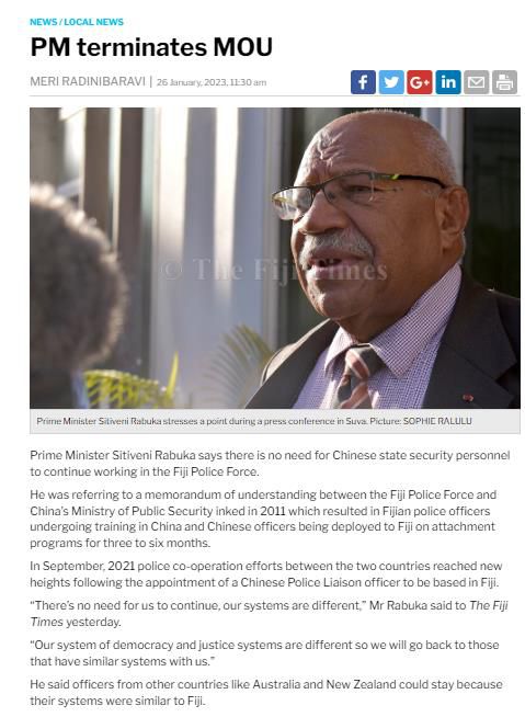 시티베니 라부카 신임 총리 인터뷰를 다룬 피지 타임스의 1월26일자 기사. /피지 타임스