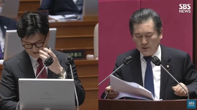 정청래 더불어민주당 의원이 6일 "왜 이렇게 깐족대냐"고 지적하자 한동훈 법무부 장관이 고개를 떨구며 한숨을 내쉬고 있다. / 사진=SBS 유튜브 캡처