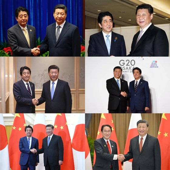 지난 2012년 일본의 센카쿠(尖閣·중국명 댜오위다오·釣魚島) 열도 국유화 갈등 이후 열린 역대 중·일 정상회담 기념 사진 모음. 2014년 11월 베이징 아시아·태평양경제협력체(APEC) 정상회의를 계기로 열린 양자회담 사진(왼쪽 맨 위)의 무표정한 모습과 달리 지난해 11월 태국 방콕에서 열린 양자회담(오른쪽 맨 아래)까지 점차 표정이 밝아지는 모습이 보인다. 중앙포토