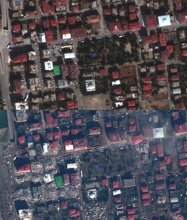 맥사 테크놀로지가 위성으로 촬영한 이슬라히예의 지진 전과 후 모습