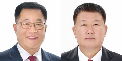 왼쪽부터 금사농협 이칠구(61) 현 조합장, 조종태(66) 바르게살기협의회장.