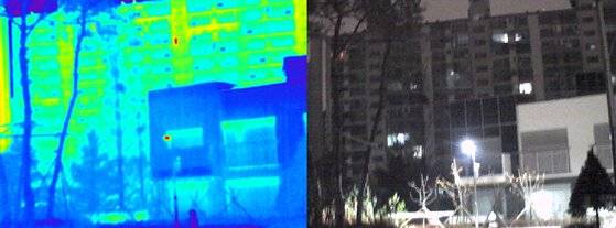 새벽에 열화상카메라로 촬영한 노원이지하우스와 인근 아파트. 이지하우스(푸른색 부분)의 표면 온도가 인근 아파트보다 뚜렷하게 낮다. 이응신 명지대 IT&제로에너지건축센터 교수는 "일반 아파트는 실내의 열이 바깥으로 빠져나와 표면 온도를 올리지만, 이지하우스는 외단열을 하기 때문에 열이 덜 빠져나와 푸르게 나온 것"이라고 설명했다. 이응신 교수