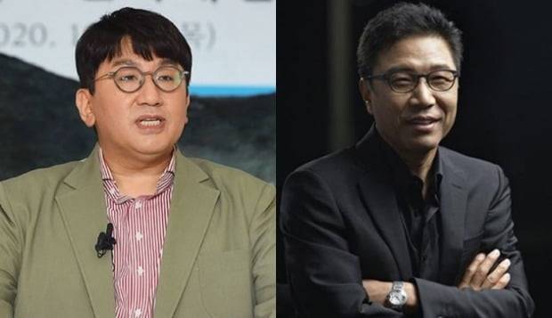 방시혁 하이브 의장(왼쪽), 이수만 SM엔터테인먼트 총괄프로듀서.(사진=연합뉴스)