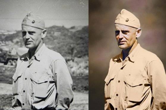 고 에드워드 포니 대령의 모습이 담긴 원본 사진(좌)과 인공지능 얼굴 복원기술을 적용해 복원된 사진(우). 사진 국가보훈처