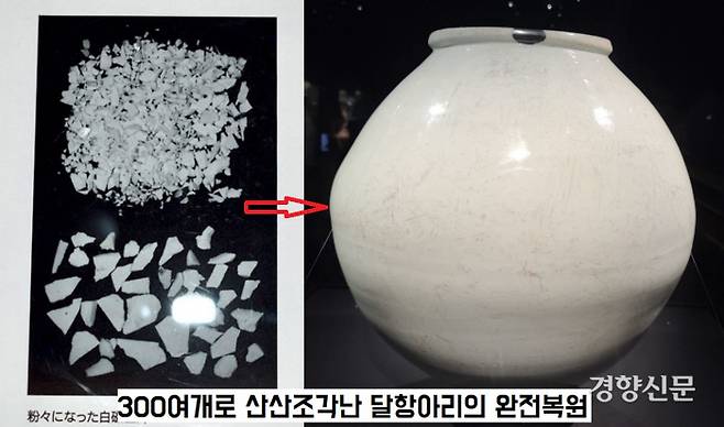 1995년 절도범이 일본 나라(奈良) 도다이지(東大寺) 간논인(觀音院)에 소장되어있던 달항아리를 내동댕이쳐 무려 300여편으로 산산조각났다. 오사카(大阪) 시립동양도자미술관에 기증된 달항아리 파편은 복원과정을 거쳐 완벽한 형태로 재탄생했다. |오사카 시립동양도자미술관 소장