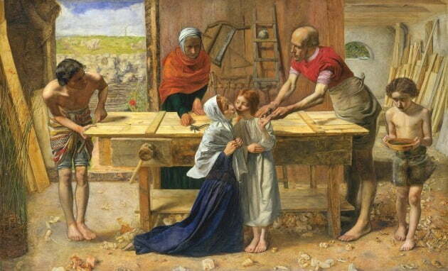 '부모의 집에 계신 그리스도'(1849). 실수로 손바닥을 못에 찔린 소년 예수는 피를 흘리고 있고, 가족들은 이를 걱정하고 있다. /테이트 소장