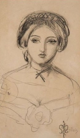 1853년 밀레이가 그레이를 그린 스케치. 밀레이는 이 여자가 자신과 결혼할 줄 알았을까? 오른쪽 아래, 멋을 한껏 부리면서도 떨리는 듯한 서명 필체를 보니 '결혼하면 좋겠다'는 생각은 했을 법 하다.