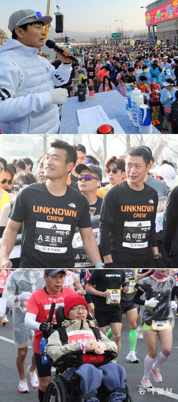 19일 광화문광장~잠실종합운동장 주경기장에서 펼쳐진 2023 서울마라톤 겸 제93회 동아마라톤에는 다소 쌀쌀한 아침공기를 뚫고 3만8000여 명의 일반인들이 참가해 대회의 열기를 한층 고조시켰다. 개그맨 배동성(왼쪽 사진)이 사회를 맡아 출발선 앞에 선 참가자들의 긴장을 풀어줬고, 축구국가대표 출신 조원희(가운데 사진 왼쪽)와 이영표는 10㎞ 부문에 직접 참가했다. 휠체어를 탄 참가자도 힘차게 서울의 봄거리를 질주했다. 광화문·올림픽공원 | 최혁중 동아일보 기자 sajinman@donga.com