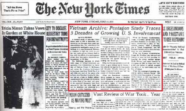 뉴욕타임스가 1971년 6월 13일자 1면에 보도한 '펜타곤 페이퍼' 특종 첫 날 기사